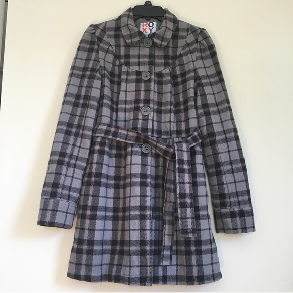 ROXY 90's Gray Plaid Button Up Belted Pea Coat - Picture 1 of 16